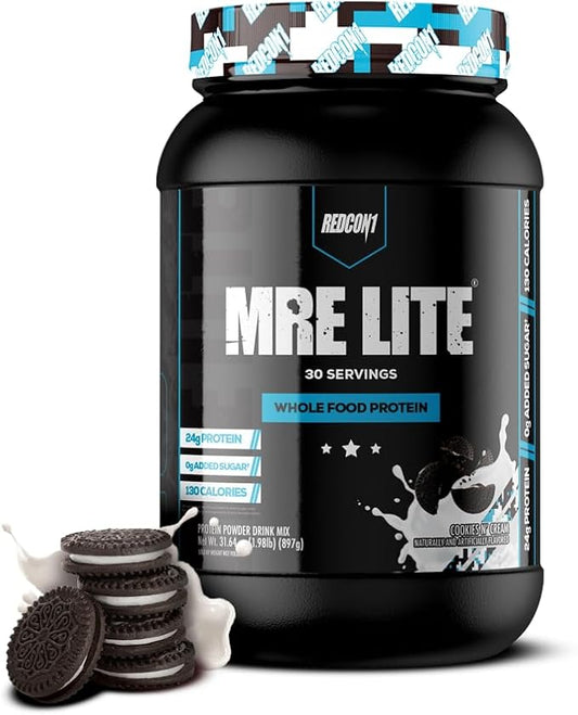 REDCON1 MRE Lite Whole Food Protein Powder, Cookies N' Cream - Low Carb & Whey Free Meal Replacement with Animal Protein Blends - Easy to Digest Supplement Made with MCT Oils (30 Servings)