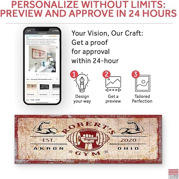 Tailored Canvases Personalized Gym Sign Wall Art Decor - Motivational Canvas for Home Gym, Workout Room, Garage, Fitness Center - Workout Inspirational Posters - One Hand Dumbbell on Rustic Red, 48x16in