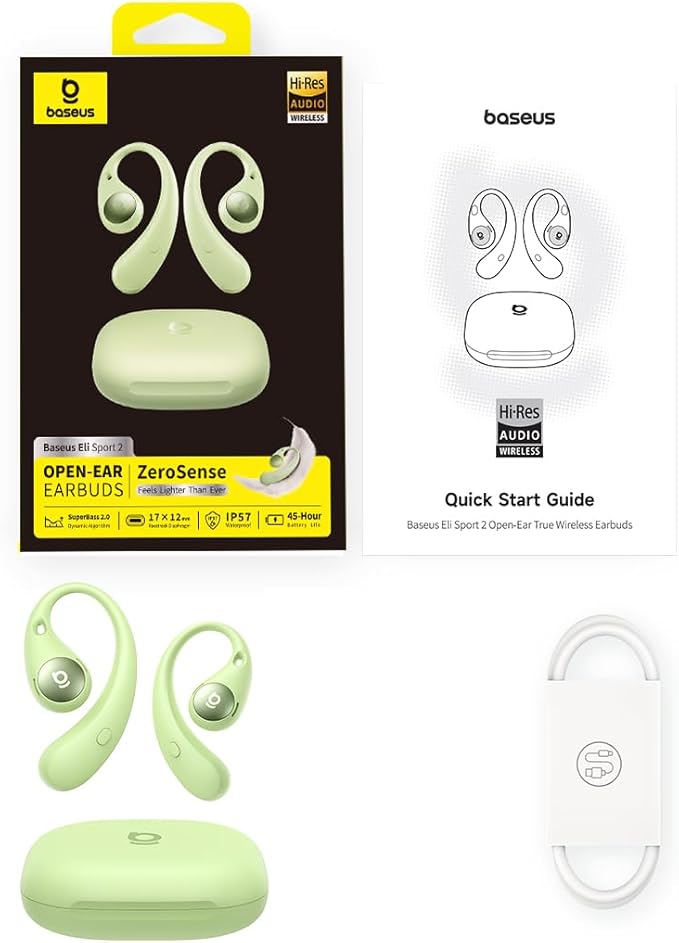 Baseus Eli Sport 2 Open-Ear Headphones Wireless Earbuds,Secure Earhook Sport Design,Ultra-Comfort,4-Mic Clear Calls, IP57 Waterproof,45H Play, Bluetooth 6.0 Earhook Fit Running Workout Gym -Green