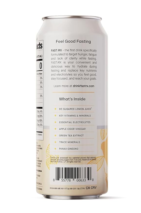FASTRX Meyer Lemon Sparkling Fasting Electrolyte Drink – Hunger Suppressant, Includes Essential Electrolytes and Vitamins, De-Sugared Lemon Juice – Zero Sugar, 16 Fl Oz, Pack of 12