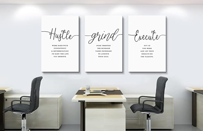 Framed Canvas Wall Art Hustle Quote, Office Wall Art, White Large Poster, Positive Motivational Set of 3 Prints, Execute Hustle Grind, Inspirational Print (H-3pcs,20x30inchx3pcs)