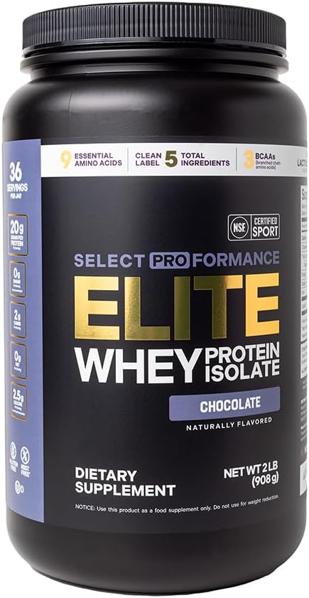 Select Proformance Elite Whey Protein Isolate Powder, Chocolate, NSF Certified, No Added Sugar, 20g of Protein per Serving, 36 Servings, 2 Lbs