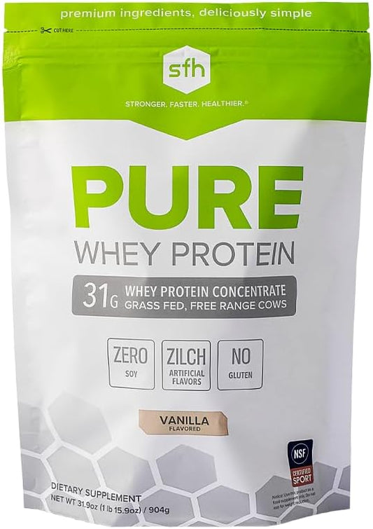 SFH Pure Whey Protein Powder (Vanilla) Best Tastin Grass Fed Whey | All Natural | Non-GMO, No Artificials, Soy Free, Gluten Free | (Vanilla, 31.9 Ounce (Pack of 1)