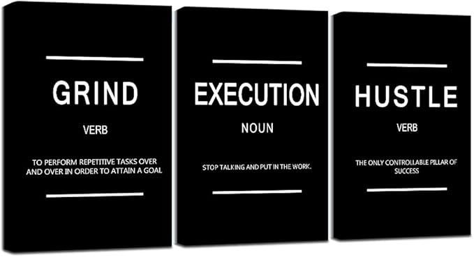 Framed Canvas Wall Art Success Quote, Office Wall Art, Black Large Poster, Positive Motivational Set of 3 Prints, Execute Failure Definition, Inspirational Print (B-3pcs,16x24inchx3pcs)