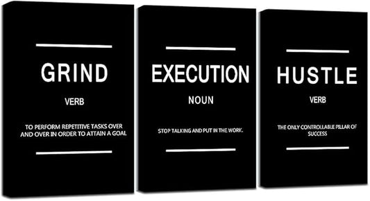 Framed Canvas Wall Art Success Quote, Office Wall Art, Black Large Poster, Positive Motivational Set of 3 Prints, Execute Failure Definition, Inspirational Print (B-3pcs,16x24inchx3pcs)