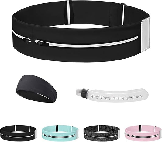 Running Belt for Women and Men, Adjustable Fanny Packs No Bounce Phone Holder for Running with Water Bottle & Headband, Waterproof Reflective Waist Packs for Runner Fits All Phones (L-Black)
