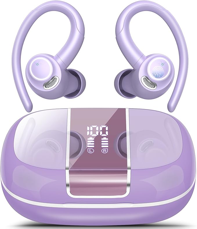 Wireless Earbuds Bluetooth 5.3 Headphones Sports, 48Hrs Playtime Bluetooth Earbuds with CVC 8.0 Mic, Stereo Bass Over Ear Bud with Earhooks, LED Display, IP7 Waterproof Earphon for Running Purple