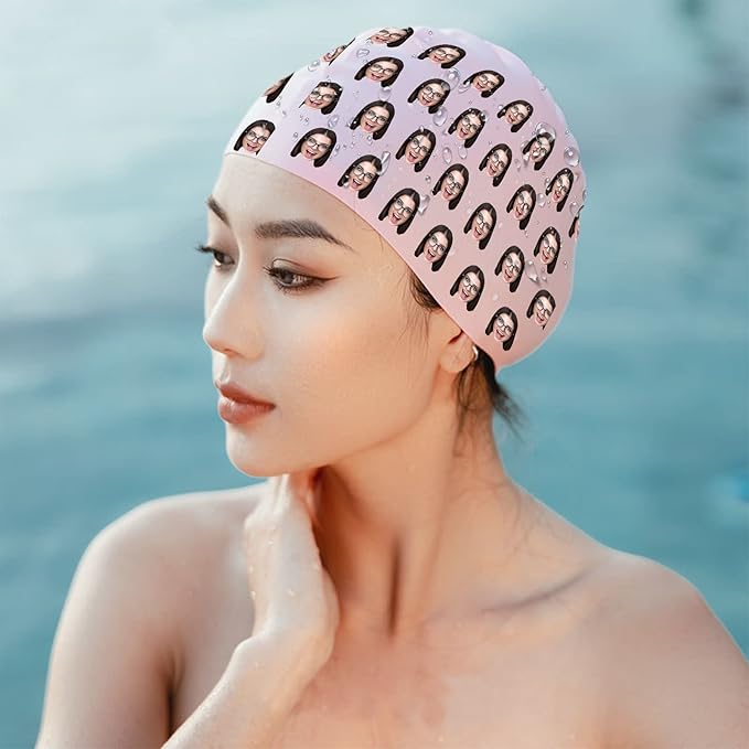 Custom Swim Cap with Photo Personalized Silicone Swim Cap for Men and Women Swimming Customized Swimmers Cap for Short and Medium Length Hair