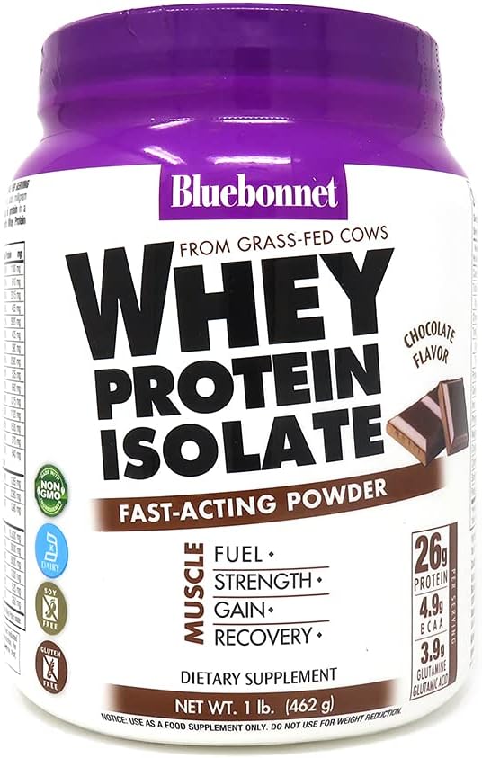 Bluebonnet Nutrition Whey Protein Isolate Powder, Whey From Grass Fed Cows, 26g of Protein, No Sugar Added, Gluten Free, Soy free, kosher Dairy, 1 Lb, 14 Servings, Chocolate Flavor