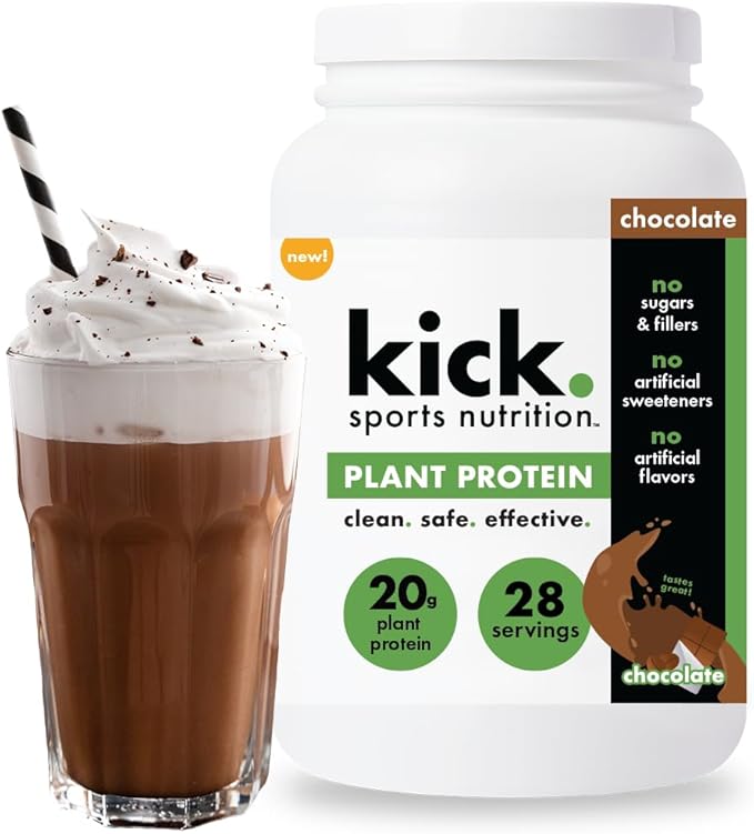Kick Plant Protein Powder, Chocolate Flavor, 20 G Protein, Gluten Free Workout Supplement with Aminos Acids to Support Fitness Goals & Gut Health, No Sugar, No Artificial Flavors, 28 Servings
