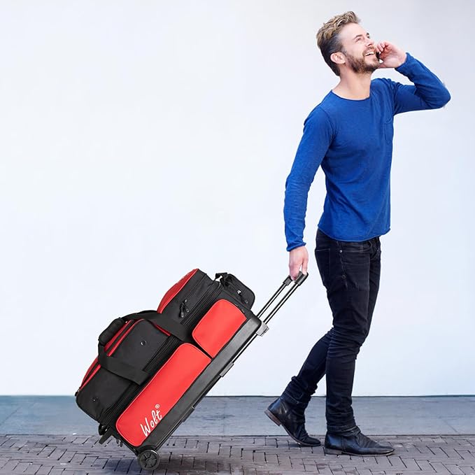 WOLT 3 Ball Bowling Bags with Wheels,Bowling Ball Bag 3 Ball Roller with Separate Shoe Compartment and Accessory Pocket, Retractable Handle Extends to 38’’