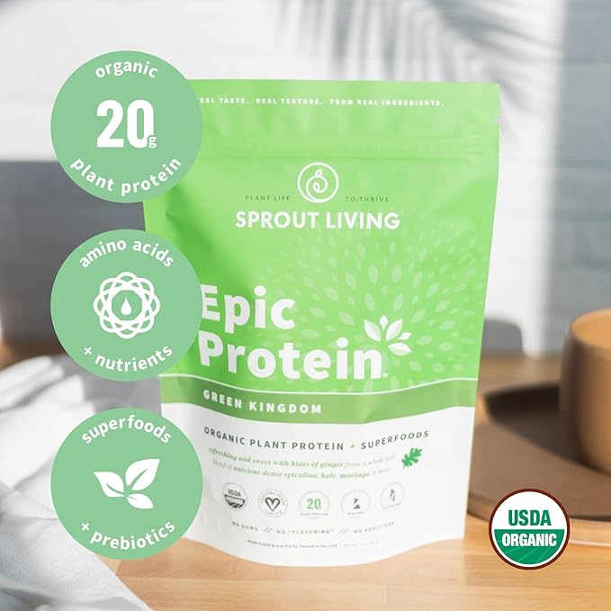 Sprout Living Epic Protein, Plant Based Protein & Superfoods Powder, Green Kingdom | 20 Grams Organic Protein Powder, Greens, Vegan, Non Dairy, Non-GMO, Gluten Free, Low Sugar (1 Pound, 12 Servings)
