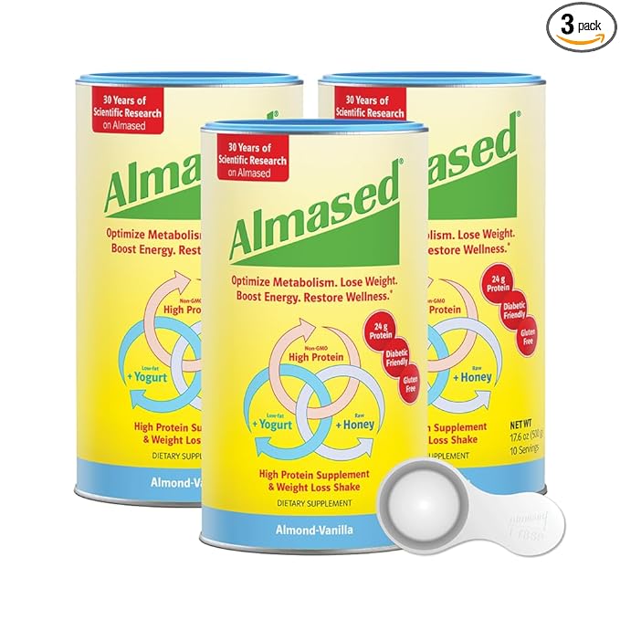 Almased Protein Powder for Weight Loss Kit for Men & Women, Natural Meal Replacement Shake for Weight Loss, Supplement, 24 Grams of Protein Per Serving (Almond Vanilla Flavor, 3 Cans @ 17.6 oz ea + Scoop)
