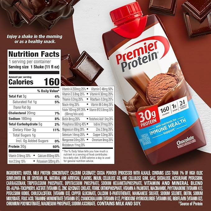 Premier Protein Protein Shake, Chocolate, 30g Protein, 1g Sugar, 11 fl oz Pack of 12