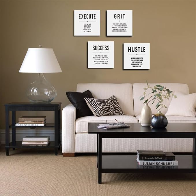 Motivational Grit Success Execute Hustle White Quotes Canvas Wall Art -Inspirational Wall Art Poster Canvas Artwork Picture Print Framed for Home Bedroom-16 x16in x4pcs