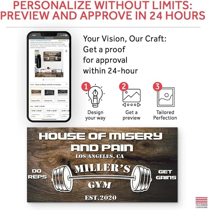 Tailored Canvases Personalized Gym Sign Wall Art Decor - Motivational Canvas for Home Gym, Workout Room, Garage, Fitness Center - Workout Inspirational Posters - House of Misery and Pain, Wooden 48x24in