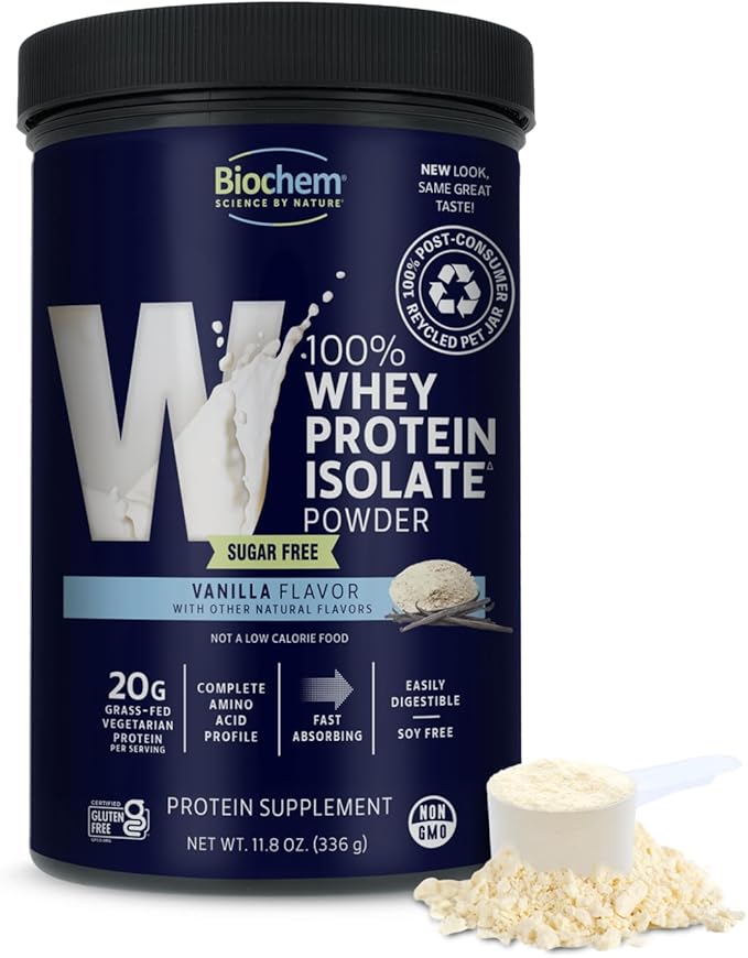 Biochem 100% Whey Sugar-Free Vanilla 20g, 11.8oz, Certified Vegetarian, Certified Gluten Free, Certified Non-GMO Tested, Keto Friendly, Grass-Fed