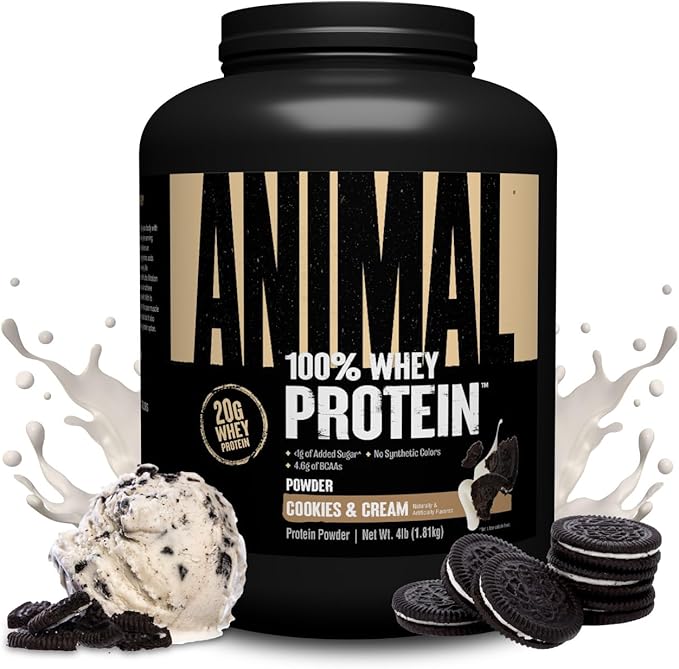 Animal 100% Whey Protein Powder – Whey Blend for Pre Workout or Post Workout, Recovery, Anytime Low Sugar Protein Boost Meal Replacement with BCAA Branched Chain Amino Acids – Cookies & Cream, 4 lb