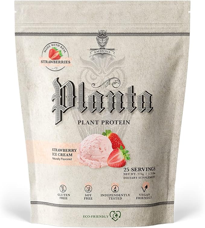 Ambrosia Planta - Premium Organic Plant-Based Protein | Vegan & Keto Friendly | Gourmet Flavors | No Bloating or Stomach Upset | Gluten & Soy Free | No Added Sugar | 25 Servings | Strawberry Ice Cream