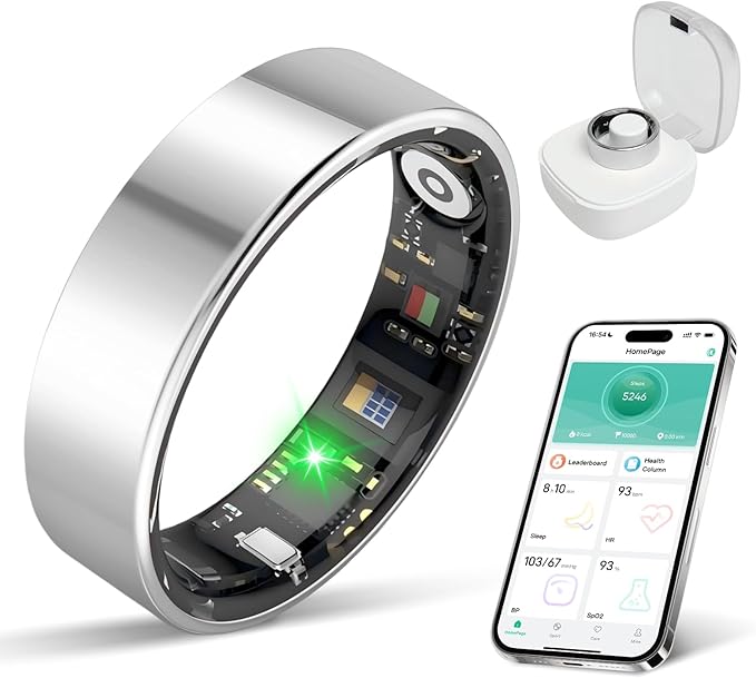 Smart Ring with Sleep Monitoring, No APP Subscription, 10-Day Battery Life, Stress/Heart Rate/Women's Health Tracker, Android & iOS Compatible (Silver, 12)