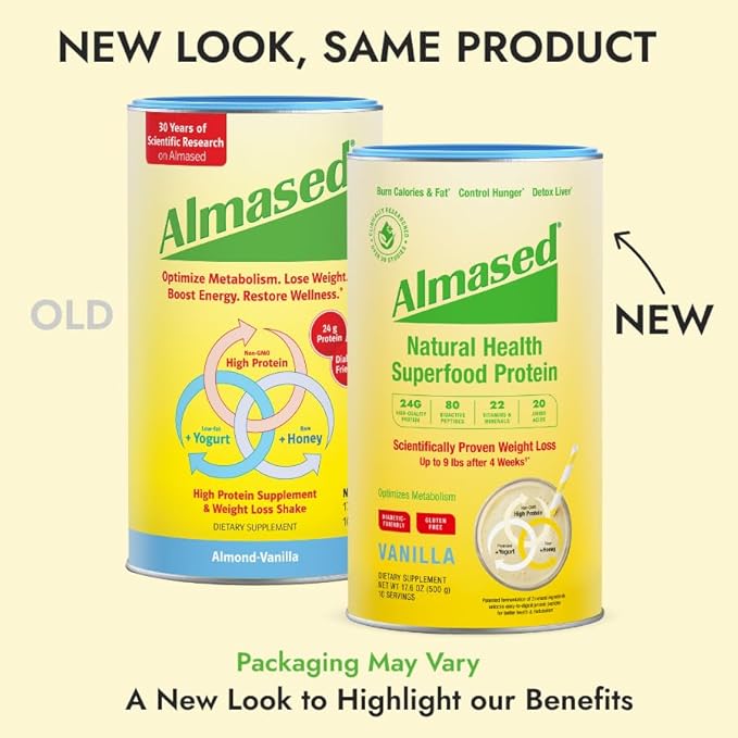 Almased Protein Powder for Weight Loss Kit for Men & Women, Natural Meal Replacement Shake for Weight Loss, Supplement, 24 Grams of Protein Per Serving (Almond Vanilla Flavor, 3 Cans @ 17.6 oz ea + Scoop)