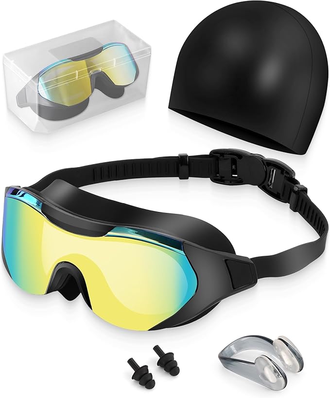 Swim Goggles with Nose Clip, Ear Plugs & Swim Cap, Anti-Fog UV Protection Lens, Leakproof Adjustable Strap for Adult