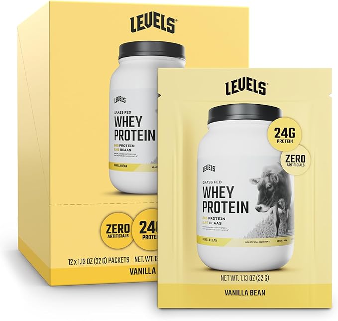 Levels Grass Fed Whey Protein Powder, No Artificials, 24G of Protein, Vanilla Bean, 12 Count