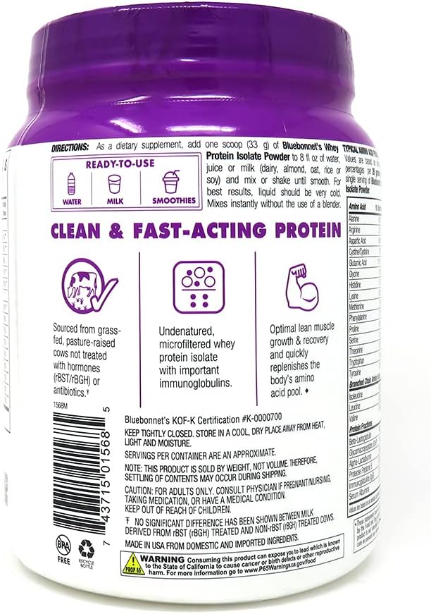 Bluebonnet Nutrition Whey Protein Isolate Powder, Whey From Grass Fed Cows, 26g of Protein, No Sugar Added, Gluten Free, Soy free, kosher Dairy, 1 Lb, 14 Servings, Chocolate Flavor