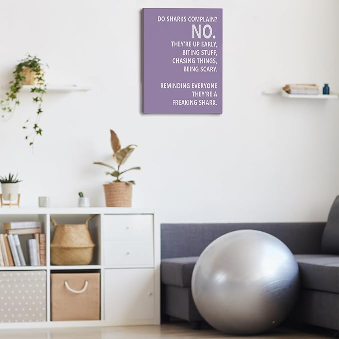 Rusenbao Gym Motivational Workout Wall Art, Home Gym Decor, Inspirational Workout Room Decor, Do Sharks Complain About Monday, Canvas Wall Art for Exercise Fitness Room Office, 11x14 inch(Purple)