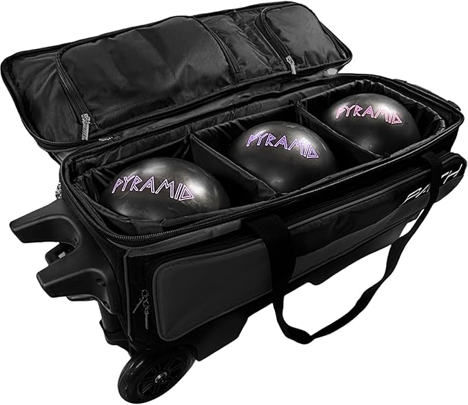 Pyramid Path Triple Premium Deluxe Roller Bowling Bag With Extra Large Separate Shoe Compartment (Up To US Mens Size 16) and 5 Accessory Pockets, 5" Wheels, Retractable Locking Handle - Extends to 42"