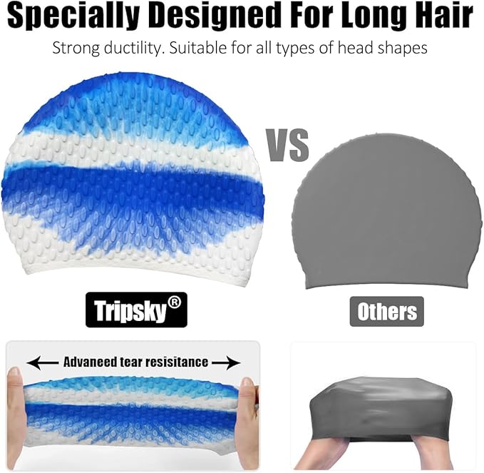 Tripsky Silicone Swim Cap,Comfortable Bathing Cap Ideal for Curly Short Medium Long Hair, Swimming Cap for Women and Men, Shower Caps Keep Hairstyle Unchanged…