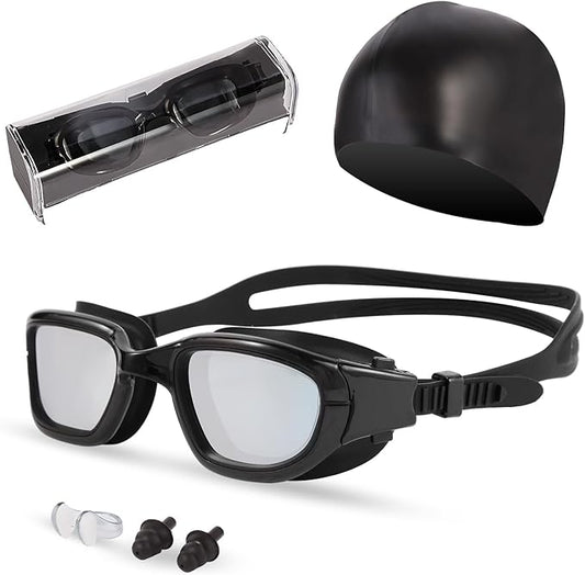 Swim Goggles, Goggles Adult with Swimming Cap, Nose Clip & Ear Plugs, UV Protection Anti-Fog Lens and Case for Adult