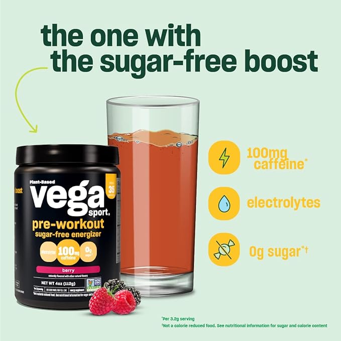 Vega Sport Sugar Free Pre-Workout Energizer, Berry - Pre Workout Powder for Women & Men, Supports Energy and Focus, Electrolytes, Vegan, Keto, Gluten Free, Non GMO, 4 oz
