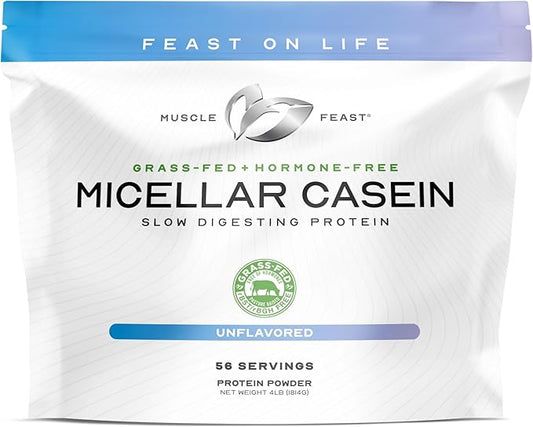 Muscle Feast Grass Fed Micellar Casein Protein Powder, Pasture Raised & Hormone Free, Slow Digesting Casein Protein - Supports Overnight Muscle Recovery, Gluten Free Protein Powder - Unflavored, 4lb