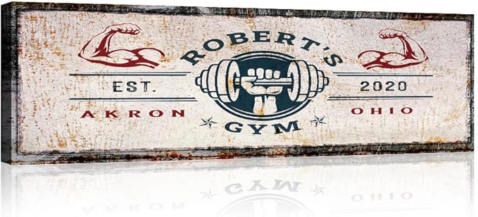 Tailored Canvases Personalized Gym Sign Wall Art Decor - Motivational Canvas for Home Gym, Workout Room, Garage, Fitness Center - Workout Inspirational Posters - One Hand with Dumbbell on Rustic, 36x12in