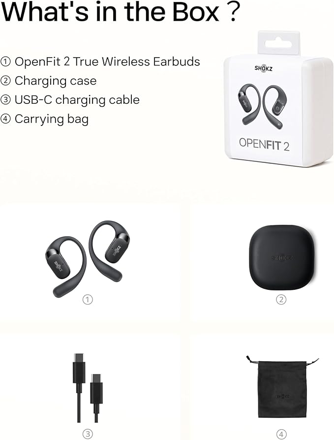 SHOKZ New OpenFit 2 Open-Ear Headphones, True Wireless Bluetooth Earphones with Microphone, Earhook Earbuds with 48 Hours of Playtime, Fast Charging, IP55 Water-Resistant, with Carrying Bag, Black