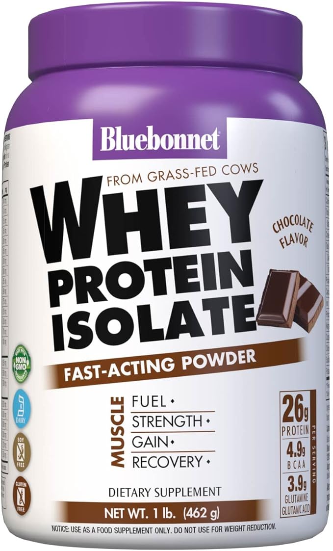 Bluebonnet Nutrition Whey Protein Isolate Powder, Whey From Grass Fed Cows, 26g of Protein, No Sugar Added, Gluten Free, Soy free, kosher Dairy, 1 Lb, 14 Servings, Chocolate Flavor