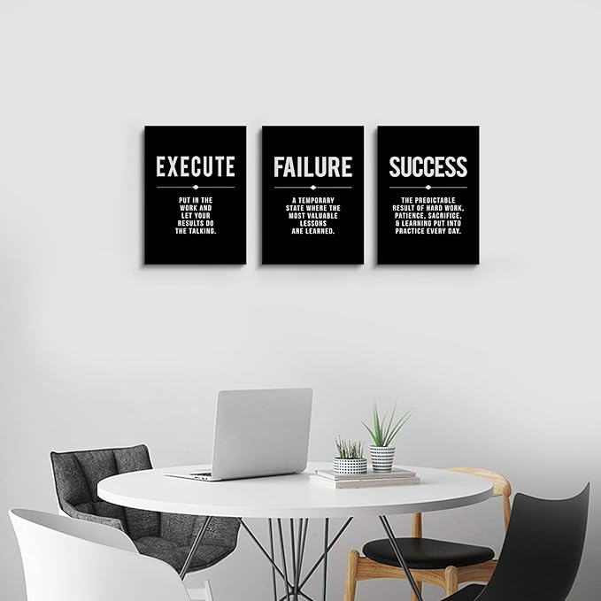 Framed Canvas Wall Art Success Quote For Office, Black Large Positive Motivational Poster, Set of 3, Execute Failure Definition, Inspirational Print (A-3pcs,12x16inchx3pcs)