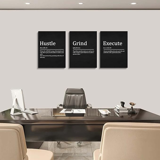 EPHANY Hustle Grind Execute - Wall Hanging Decor, Framed Canvas Office Art, Set of 3 Inspirational Prints