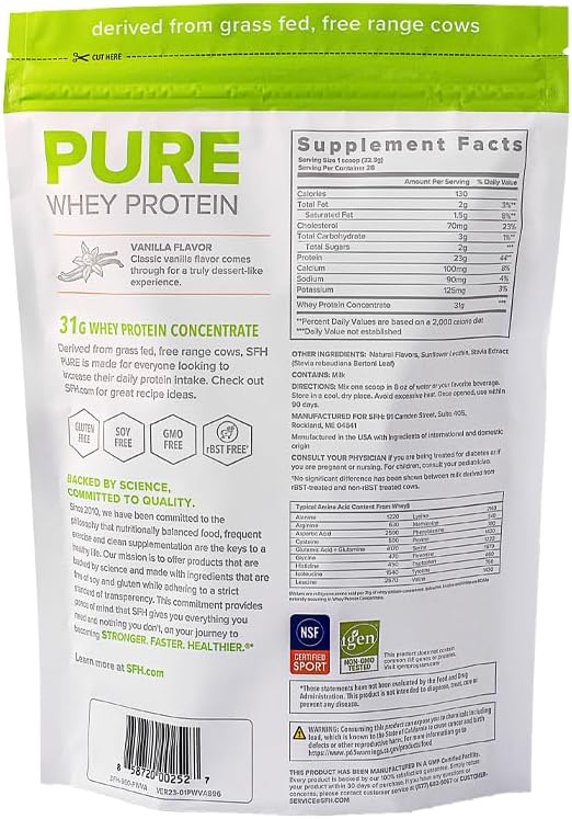 SFH Pure Whey Protein Powder (Vanilla) Best Tastin Grass Fed Whey | All Natural | Non-GMO, No Artificials, Soy Free, Gluten Free | (Vanilla, 31.9 Ounce (Pack of 1)