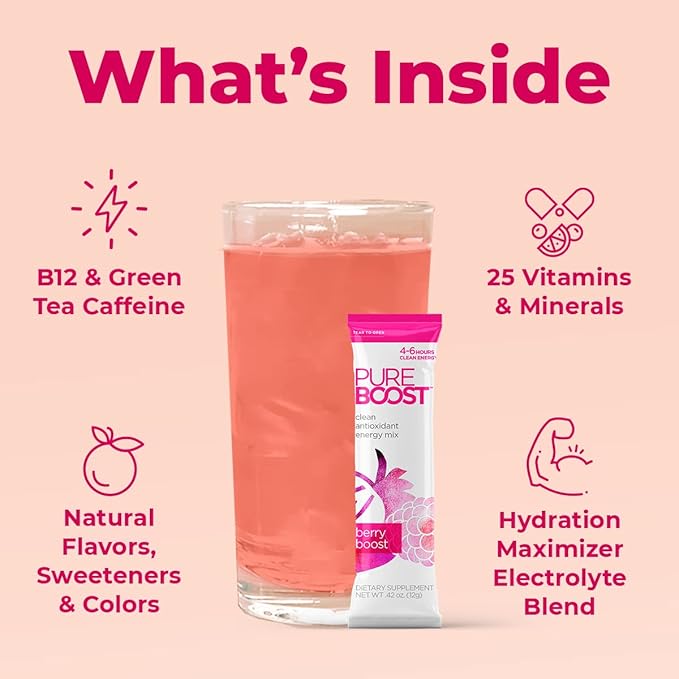 Pureboost Clean Energy Booster, Refreshing Energy Drink Mix with B12 Vitamins, Electrolytes, Antioxidants, Sugar-Free with No Sucralose (Berry Boost, 30 Count)