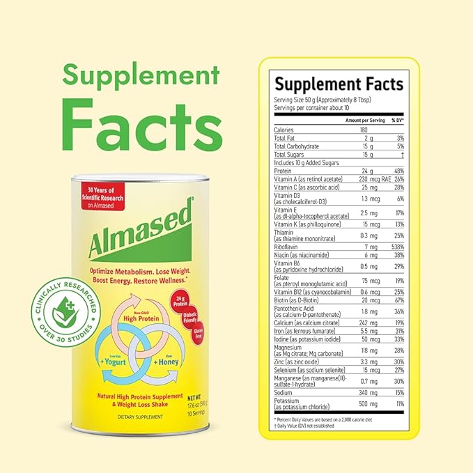 Almased Protein Powder for Weight Loss Kit for Men & Women, Natural Meal Replacement Shake for Weight Loss, Supplement, 24 Grams of Protein Per Serving (Original Flavor, 2 Cans @ 17.6 oz ea + Shaker Bottle + Scoop)