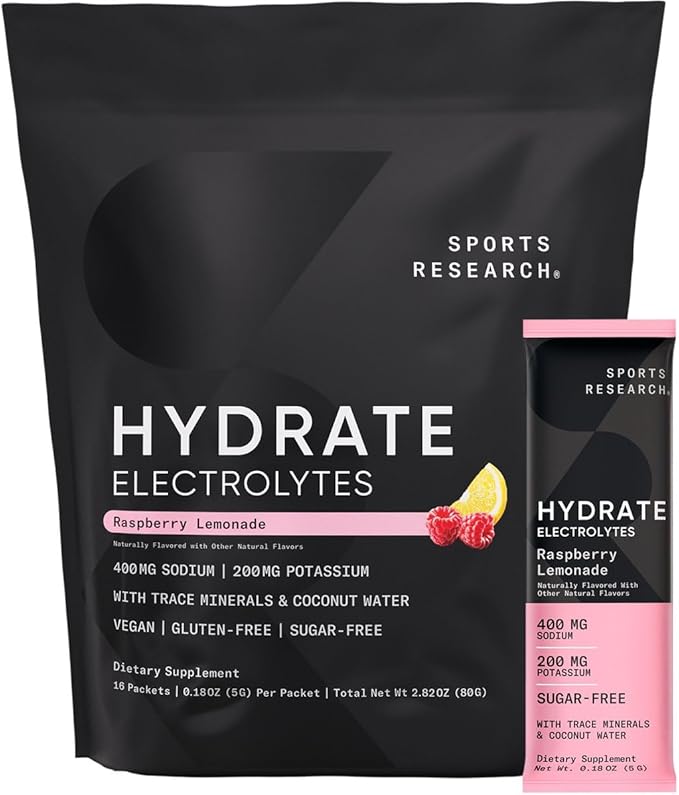 Sports Research® Hydrate Electrolytes Powder Packets - Sugar-Free & Naturally Flavored with Vitamins, Minerals, and Coconut Water - Supports Hydration - 16 Packets - Raspberry Lemonade