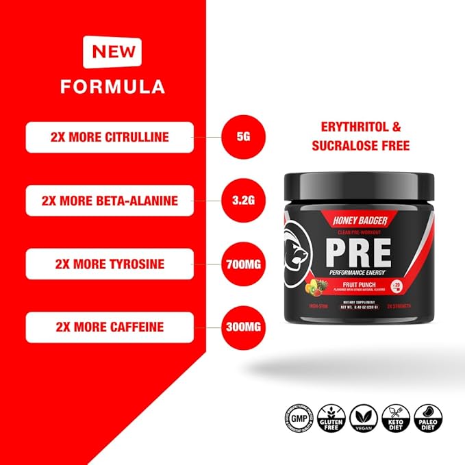 Honey Badger Pre Workout Powder, Keto Vegan Preworkout for Men & Women, Beta Alanine & Caffeine, Sugar Free Natural Energy Supplement, Fruit Punch (High-Stim)