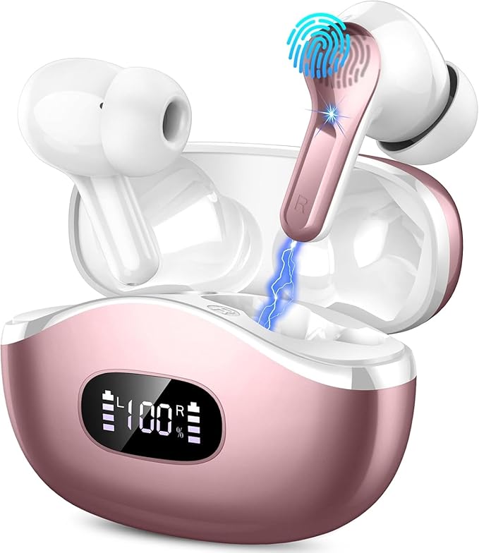 Wireless Earbuds, Bluetooth Headphones 5.3 HiFi Stereo Ear buds with ENC Noise Cancelling Mics, 40H Bluetooth Earbuds with LED Display Charging Case, IP7 Waterproof Earphones for Android iOS, Rosegold