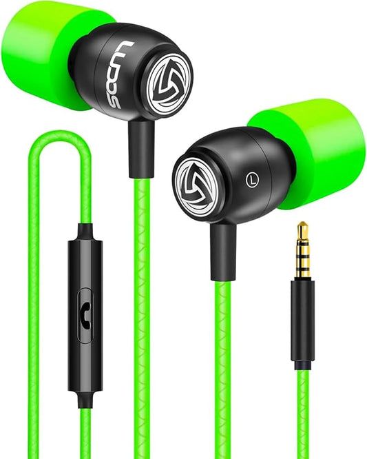 LUDOS Clamor Wired Earbuds in-Ear Headphones, 5 Years Warranty, Earphones with Microphone, Noise Isolating Ear Buds, Memory Foam for iPhone, Samsung, School Students, Kids, Women, Small Ears - Green