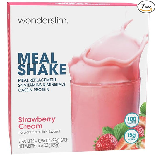 WonderSlim Meal Replacement Shake, Strawberry Cream, 15g Protein, 24 Vitamins & Minerals, Gluten Free (7ct)