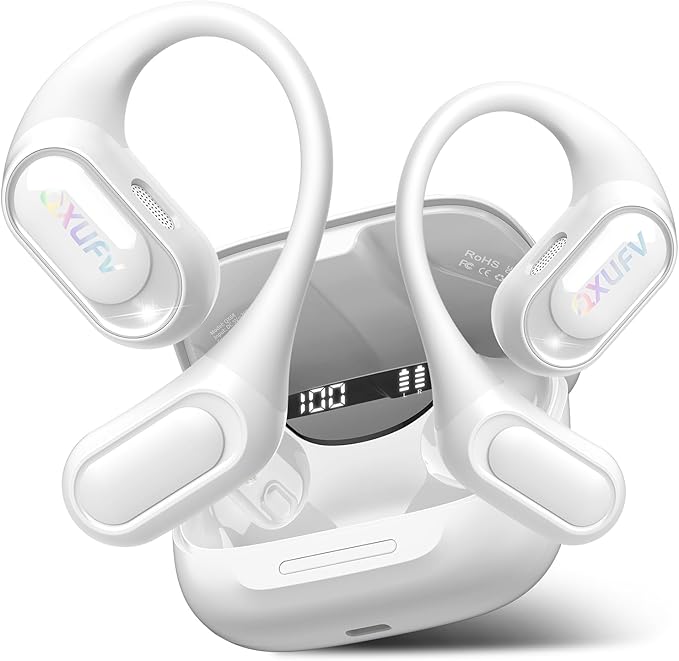 Open Ear Headphones, Bluetooth 5.4 Headphones Sports, Premium Sound with HD Mic Wireless Earbuds, 48H Playtime LED Power Display Ear Buds, IPX7 Lightweight Comfort Earphones for Running, White