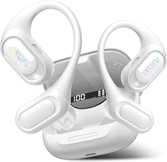 Open Ear Headphones, Bluetooth 5.4 Headphones Sports, Premium Sound with HD Mic Wireless Earbuds, 48H Playtime LED Power Display Ear Buds, IPX7 Lightweight Comfort Earphones for Running, White