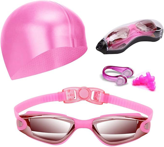 Swim Goggles Swimming Goggles No Leaking with Nose Clip, Earplugs, Swim Cap and Case for Men Women
